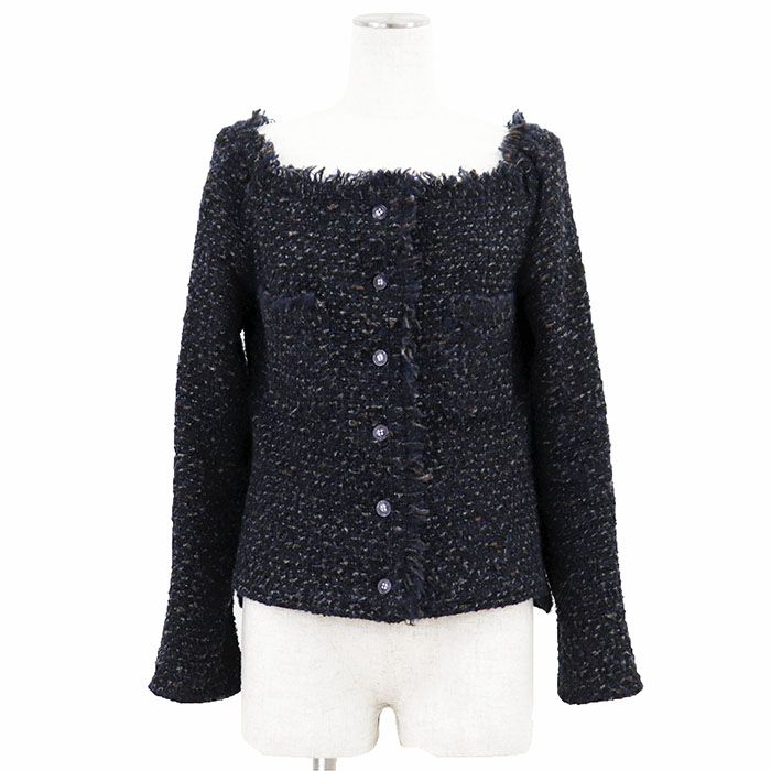 【美品】CHANEL シャネル ヴィンテージ ジャケット ウール x モヘア サイズ 38 レディース 02A P19972 2002AW ロゴ ボタン アウター ネイビー 紺 フランス製 カール・ラガーフェルド期