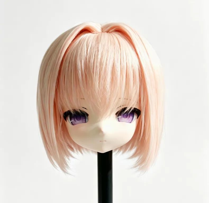 kigurumi 全頭マスク オレンジベージュ髪 紫目 ドール顔 ウィッグ付き 訳あり