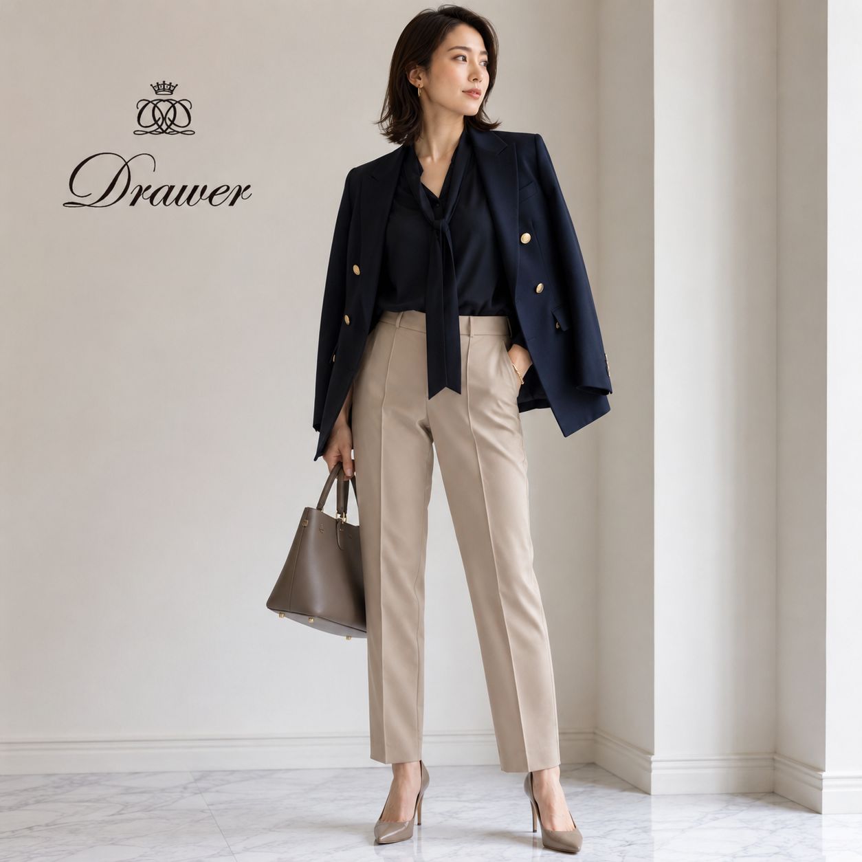 【未使用に近い】【クリーニング済】Drawer / ドゥロワー ナイロン コットン フロント ステッチ パンツ 40 ベージュ