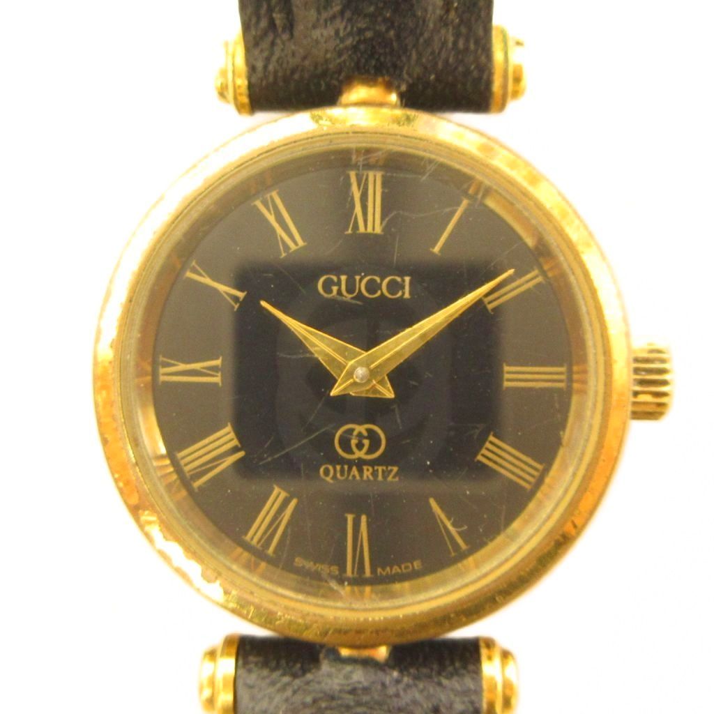 グッチ GUCCI 腕時計 ウォッチ インターロッキング クォーツ 黒文字盤 レザーベルト ゴールド色 ■GY18 /MQ ■OH