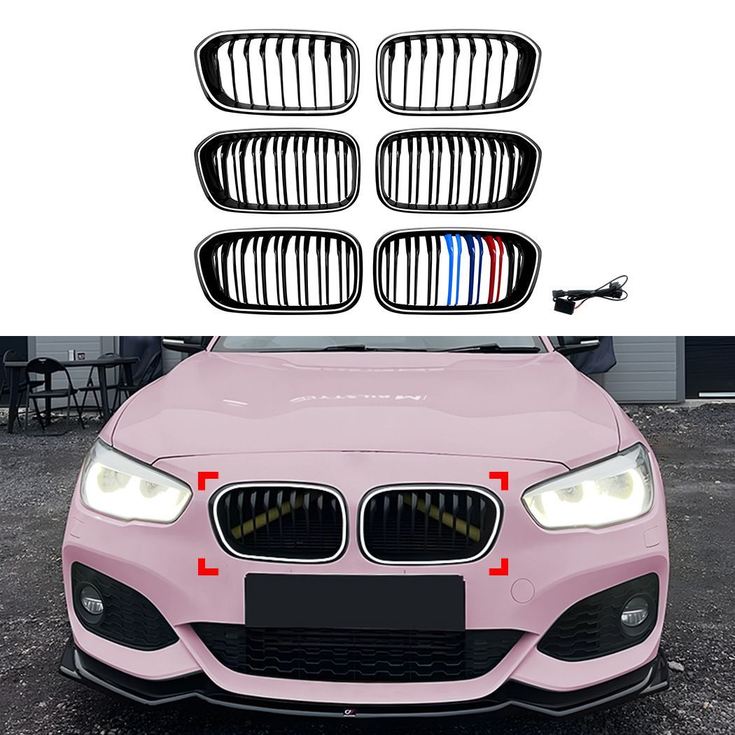 BMW 1シリーズ 1 Series F20 F21 LCI 2015-2019対応 LED発光フロントグリル バンパー部装着 ABS製 シングルライン ダブルライン 三色ライン ブラック仕様 フロントフェイスを引き締めるスポーティ外装パーツ ドレスアップ用