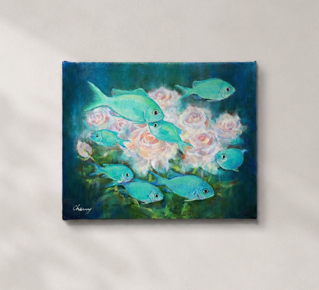 【一点物】『　水中花　』油絵 F3号　油彩　絵画　原画　インテリアアート　　ハンドメイド
