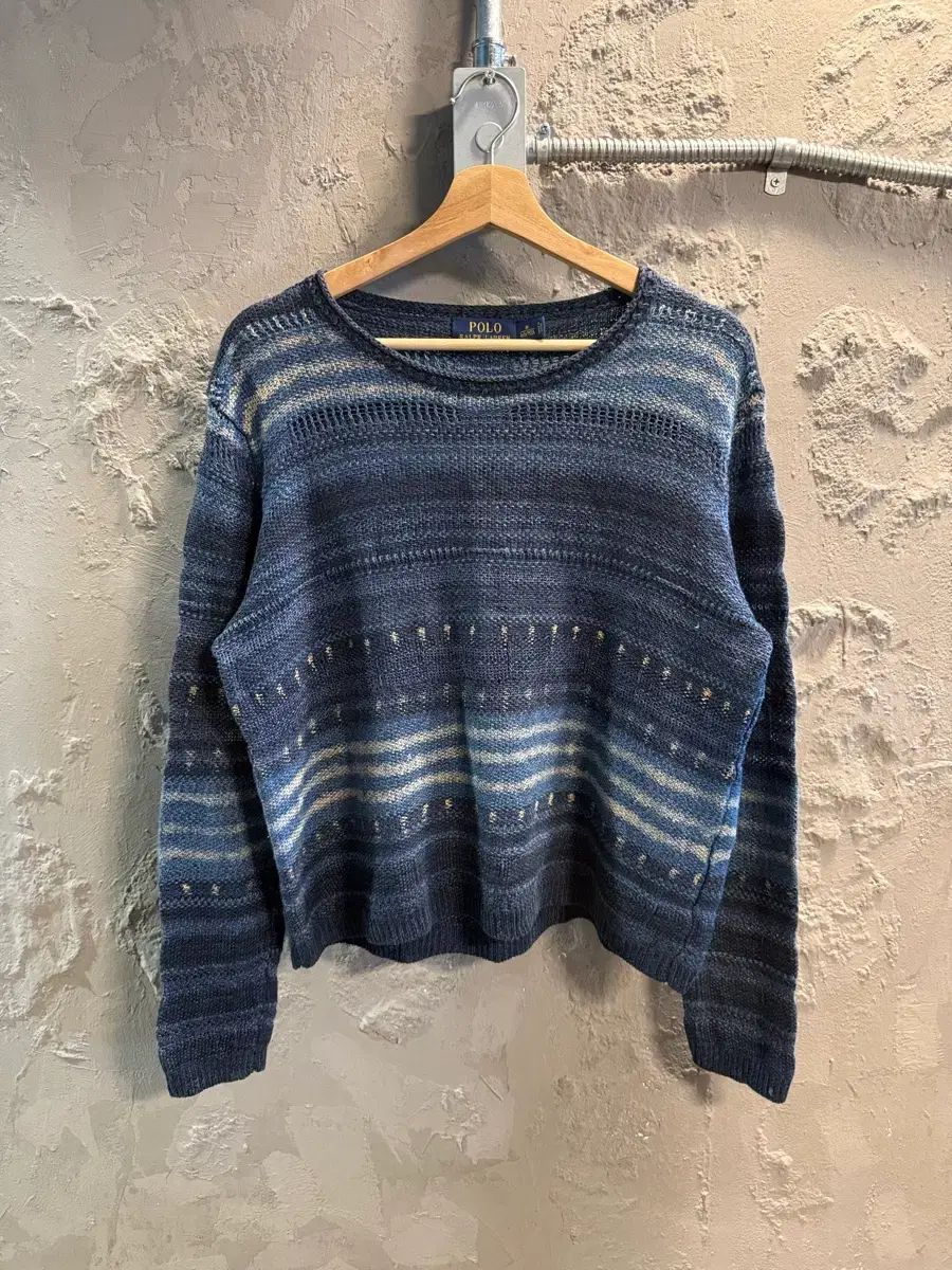 M ポロラルフローレン POLO Indigo グラデーション ケーブル クルーネック ニット ブルー