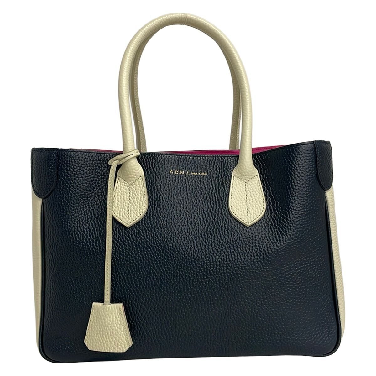 AccessoiresDeMademoiselle(ADMJ)(アクセソワ・ドゥ・マドモワゼル) トートバッグ美品 - ダークネイビー×アイボリー×ピンク レザー