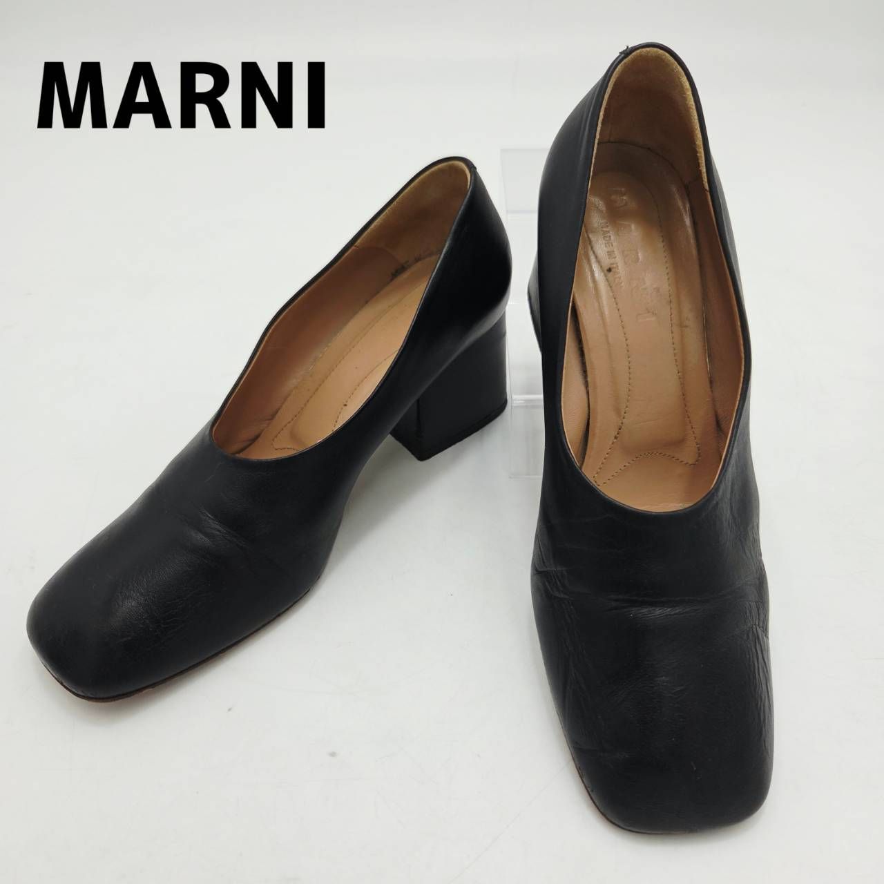マルニ MARNI チャンキーヒール パンプス スクエアトゥ 37 24cm 黒 ブラック レザー 本革 イタリア製 生産国 革靴 シューズ 靴 ローカット 太ヒール 婦人靴 レディース 中古 37サイズ 24.0cm hws02674