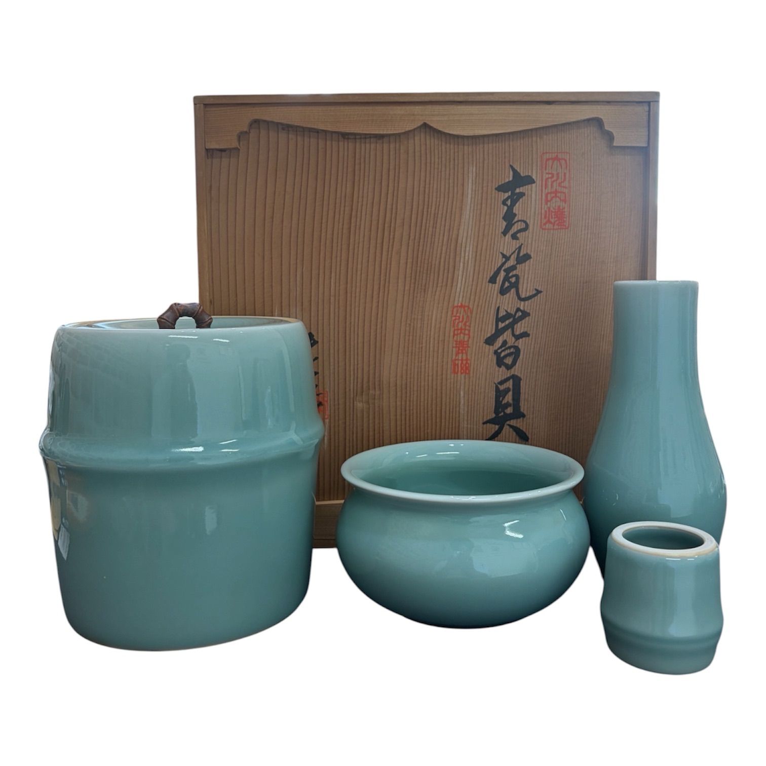 Ｗ６１７　皆具　『青磁　皆具』『藝珍　韓基雄 作』　共箱　茶道具 青磁 皆具 W617 皆具 『青磁 皆具』『藝珍 韓基雄 作』 共箱