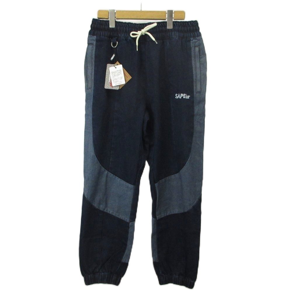 サプール SAPEur デニム トラックパンツ DENIM TRACK PANTS ジョガーパンツ イージー 切り替え ロゴ 刺繍 L インディゴ 紺 ネイビー A0021-176 /XZ ■GY19