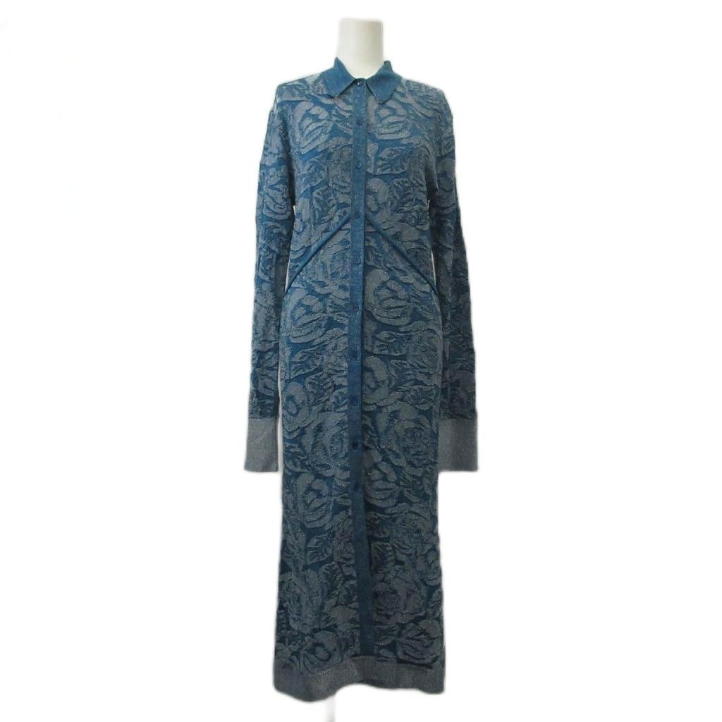 クロエ CHLOE 19AW シャツワンピース ニット ジャカード 長袖 ロング 薔薇 ローズ ラメ 総柄 青 ブルー /XZ ■GY19