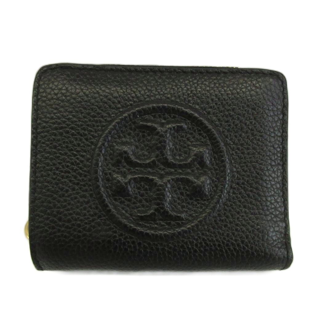 トリーバーチ TORY BURCH 財布 二つ折り ペブルドレザー ロゴ エンボス加工 黒 ブラック /XZ ■GY18