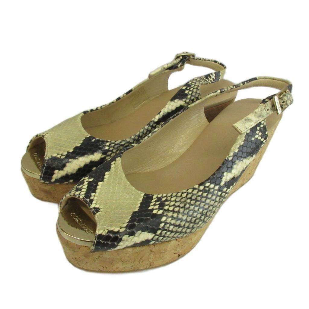 ジミーチュウ JIMMY CHOO サンダル レザー パイソン型押し コルク オープントゥ ウェッジソール スリングバック 36 23cm ベージュ 黒 ブラック /XZ ■GY11