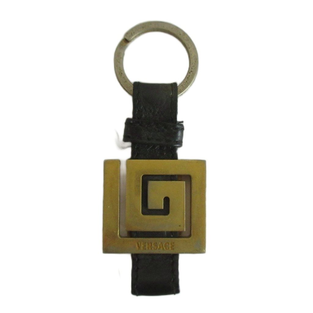 ジャンニヴェルサーチ ヴェルサーチェ GIANNI VERSACE キーホルダー キーリング レザー グレカ模様 ゴールド金具 ロゴ 黒 ブラック /XZ ■GY18