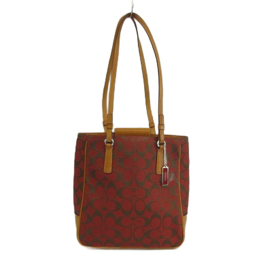 コーチ COACH トートバッグ ワンショルダー キャンバス レザー シグネチャー 赤 レッド 茶色 ブラウン /XZ ■GY18