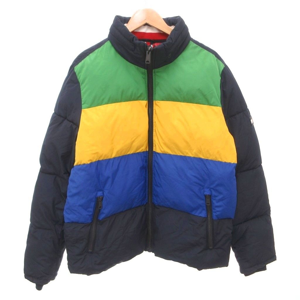 トミーヒルフィガー TOMMY HILFIGER ダウンジャケット ブルゾン ボーダー ジップアップ L 紺 ネイビー 黄 イエロー 緑 グリーン 青 ブルー /JS ■GY50