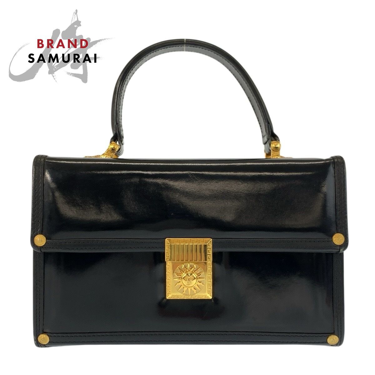 VERSACE ヴェルサーチ ヴィンテージ サンバースト ブラック 黒 ゴールド金具 エナメル ハンドバッグ バニティバッグ レディース 602792【中古】