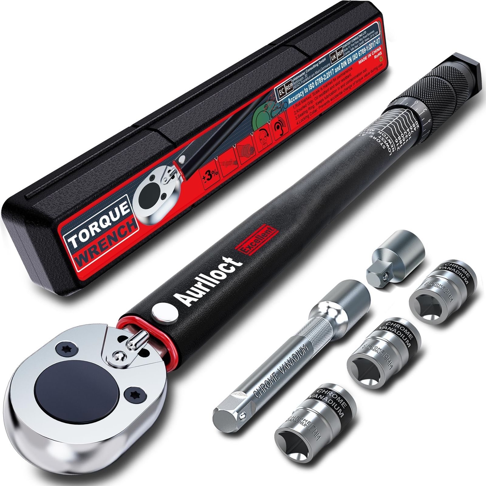 トルクレンチ 車 タイヤ交換 差込角 12.7 mm(1/2インチ) 20?230N.m プリセット型 とるくレンチ 精度±3% 5個:17 mm、19 mm、21 mmソケット、125 mmエクステンションバー ブラック、3/8'' 変換ソケット★m