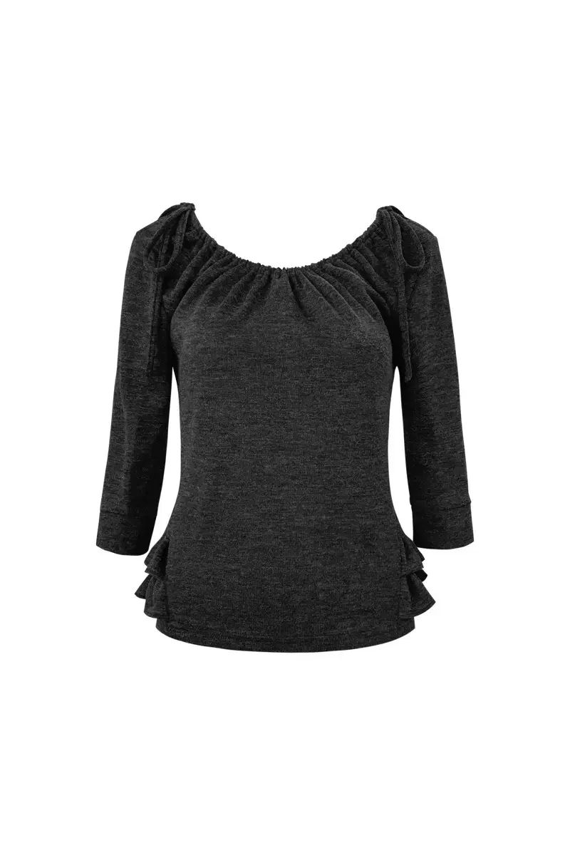 チェメ씨 SHIRRED MID-SLEEVE FRILL TOP チャコール