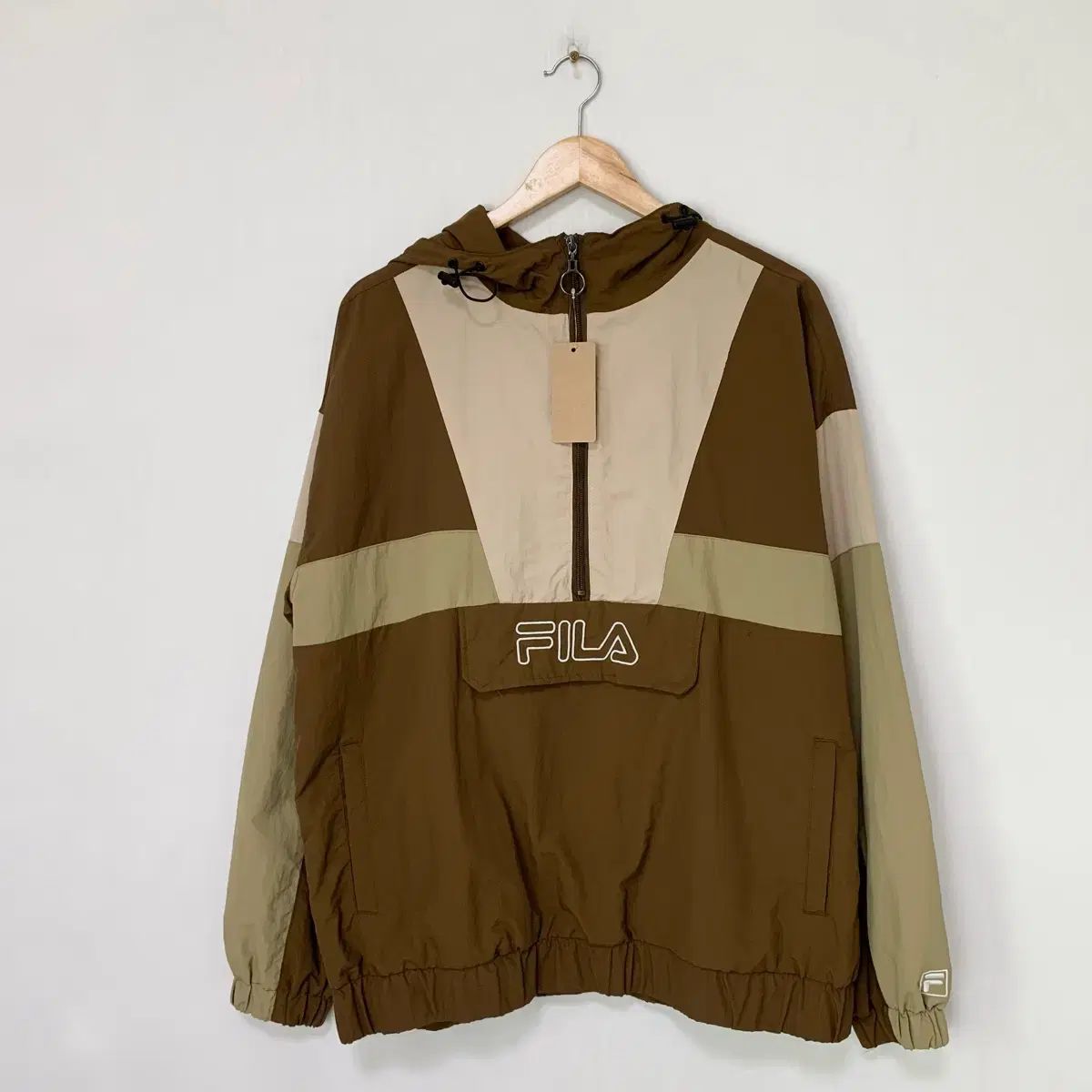 フィラ FILA ジャパン 日本 ヴィンテージ アノラック(アノラック) フード ハーフジップ ウィンドブレーカー L 抹茶 チョコ ベージュ
