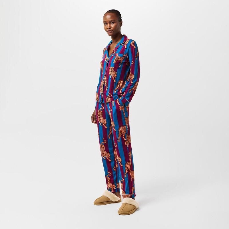 チェルシーピア レディース アンダーウェア ナイトウェア Chelsea Peers Womens Long Sleeve Pyjama Sets Navy Strp Tiger ネイビー