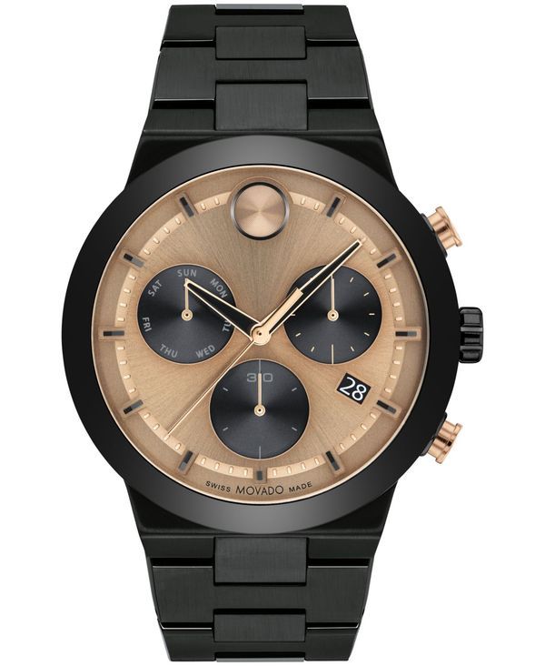 モバド メンズ アクセサリー 腕時計 Tシャツ Movado Mens Bold Fusion Swiss Quartz Chronograph Ionic Plated Black Steel Bracelet Watch 44mm Black ブラック