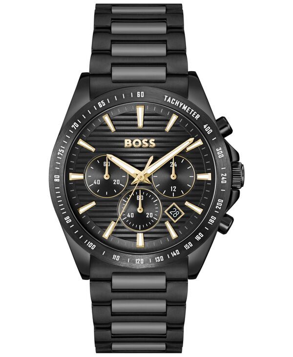 ヒューゴボス メンズ アクセサリー 腕時計 Tシャツ Hugo Boss Mens Strike Quartz Fashion Chrono Ionic Plated Black Steel Watch 41mm Black ブラック