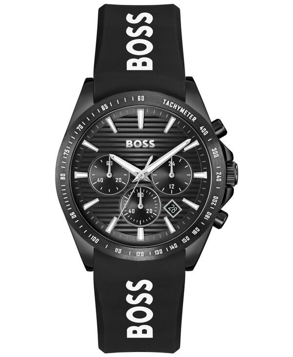 ヒューゴボス メンズ アクセサリー 腕時計 Hugo Boss Mens Strike Quartz Fashion Chrono Black Silicone Watch 41mm Black ブラック