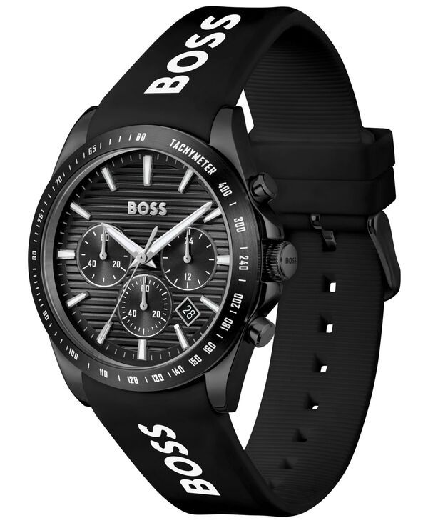 ヒューゴボス メンズ アクセサリー 腕時計 Hugo Boss Mens Strike Quartz Fashion Chrono Black Silicone Watch 41mm Black ブラック