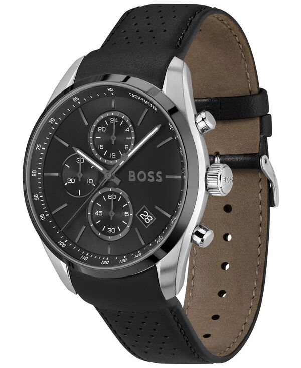 ヒューゴボス メンズ アクセサリー 腕時計 レザー Hugo Boss Mens Grand Prix 44 Quartz Chronograph Black Leather Watch 4450mm Black ブラック
