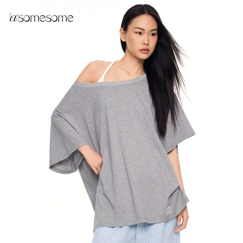 asomesome ホットガールスタイル半袖Tシャツアメリカンルーズワンショルダートップ痩身純綿デザイン