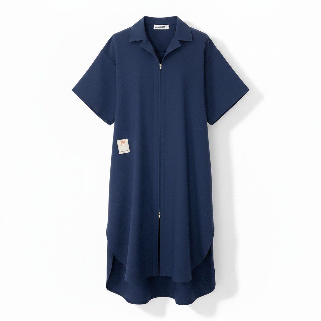 13f6 E JIL SANDER ジルサンダー 2019年 オープンカラージップワンピース 半袖 サイズ32 ネイビー ウール100％ レディース 女性用u02t