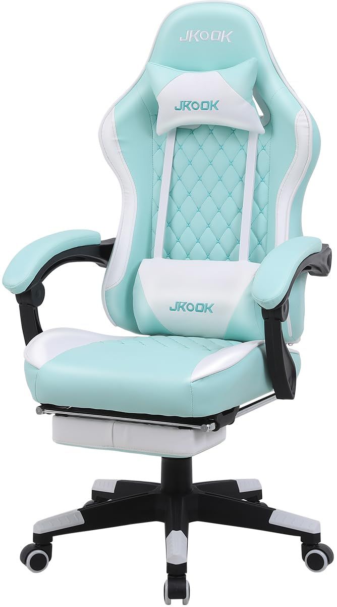 JKOOK ゲーミングチェア オットマン付き リクライニング 連動ひじ掛け オフィスチェア デスクチェア 高さ調整 勉強椅子 学習チェア パソコンチェア PUレザー JK06 (ミントグリーン)ｍａ