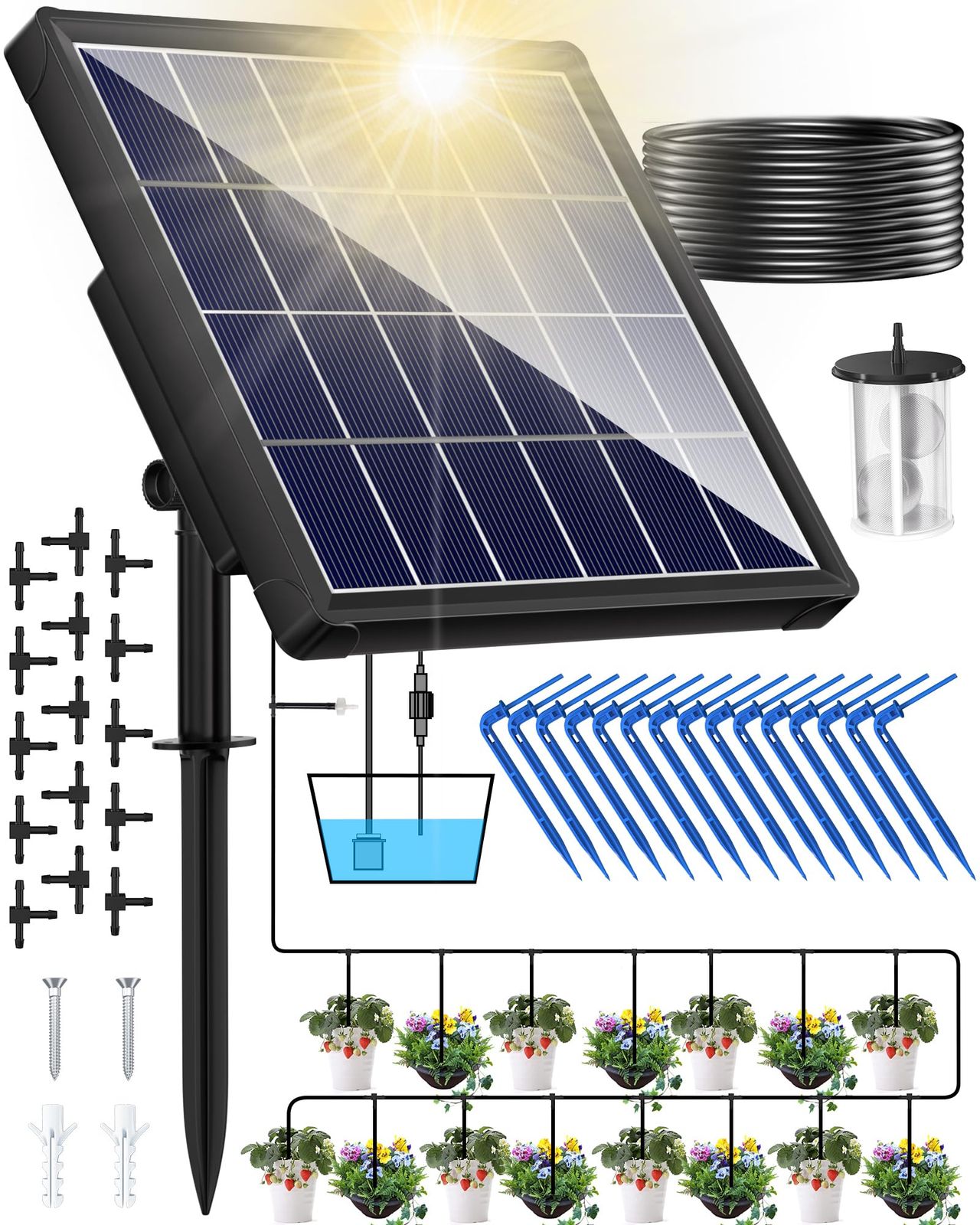 NFESOLAR ソーラー自動散水キット 15鉢同時水やり 6モード切替 15mホース付 給水タイマー 電源/水道不要 ベランダ園芸 ビオトープ 盆栽 旅行/留守 家庭菜園用 日本語説明書付as cbd51d60