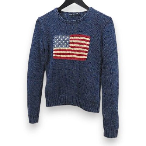 ラルフローレン RALPH LAUREN 長袖 ニット セーター M 青系ブルー USAフラッグ柄 クルーネック