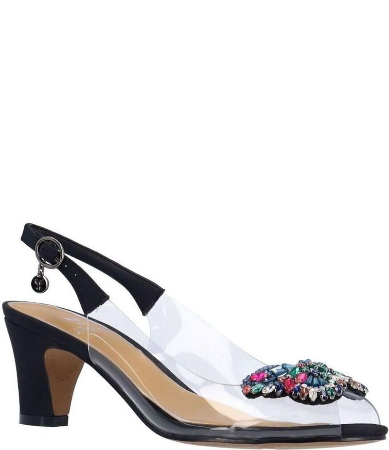 ジェイレニー レディース シューズ ヒール J Renee Gloriana Butterfly Ornament Peep Toe Slingback Pumps ClearBlack ブラック