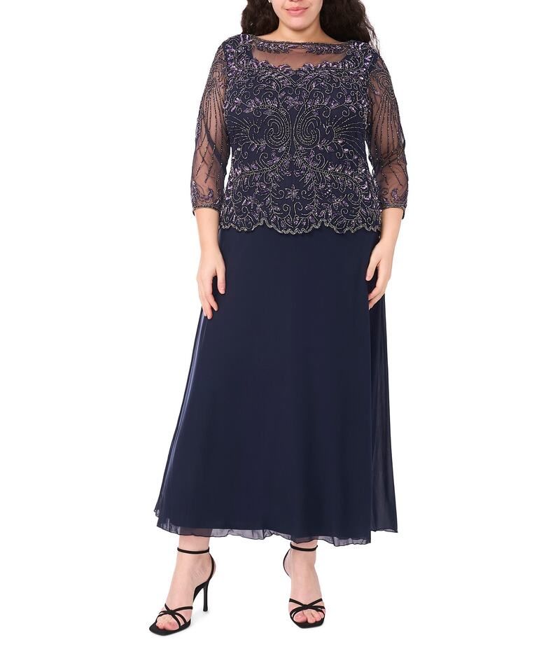 ピサッロナイツ レディース トップス ワンピース A ライン プラスサイズ Pisarro Nights Plus Size Beaded Illusion Boat Neck 34 Sleeve ALine Dress Navy ネイビー