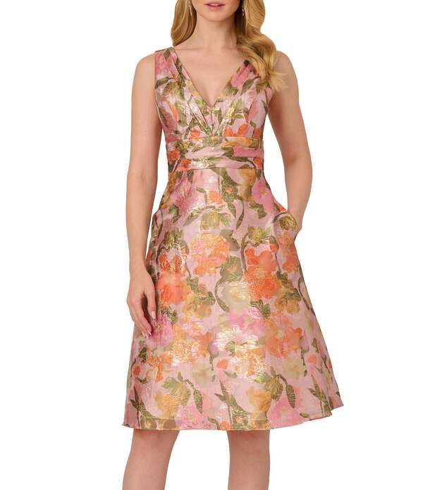 アドリアナ パペル レディース トップス ワンピース Vネック A ライン フラワー柄 プリント ノースリーブ フラワー Adrianna Papell Jacquard Floral Print V Neck Sleeveless A Line Dress