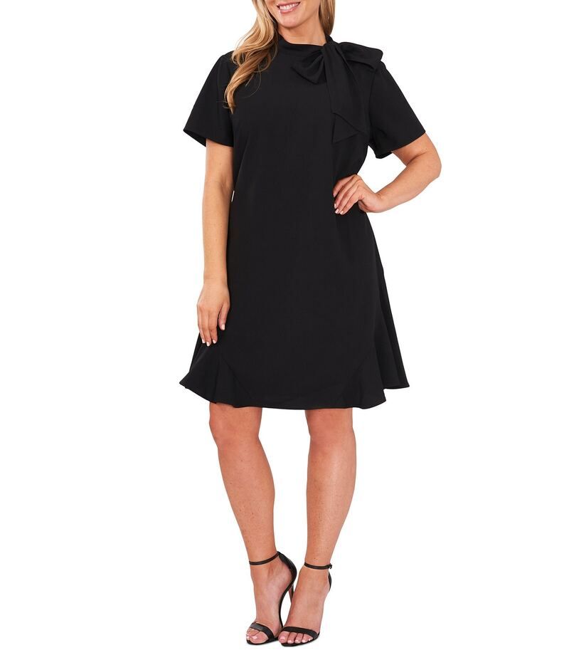 セセ レディース トップス ワンピース モックネック A ライン プラスサイズ CeCe Plus Size Bow Mock Neck Short Sleeve Flounce Hem ALine Dress Rich Black ブラック