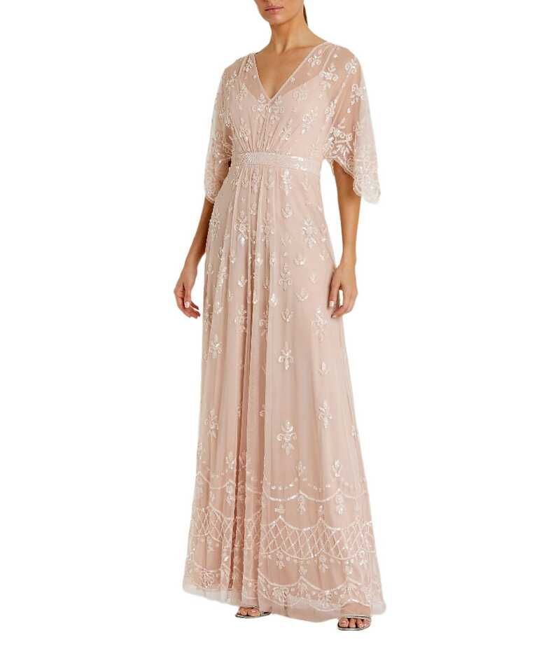 マックダガル レディース トップス ワンピース Vネック メッシュ 刺繍 Mac Duggal VNeck Illusion Flutter Sleeve Embroidered Mesh Sheath Gown Blush ブラッシュ