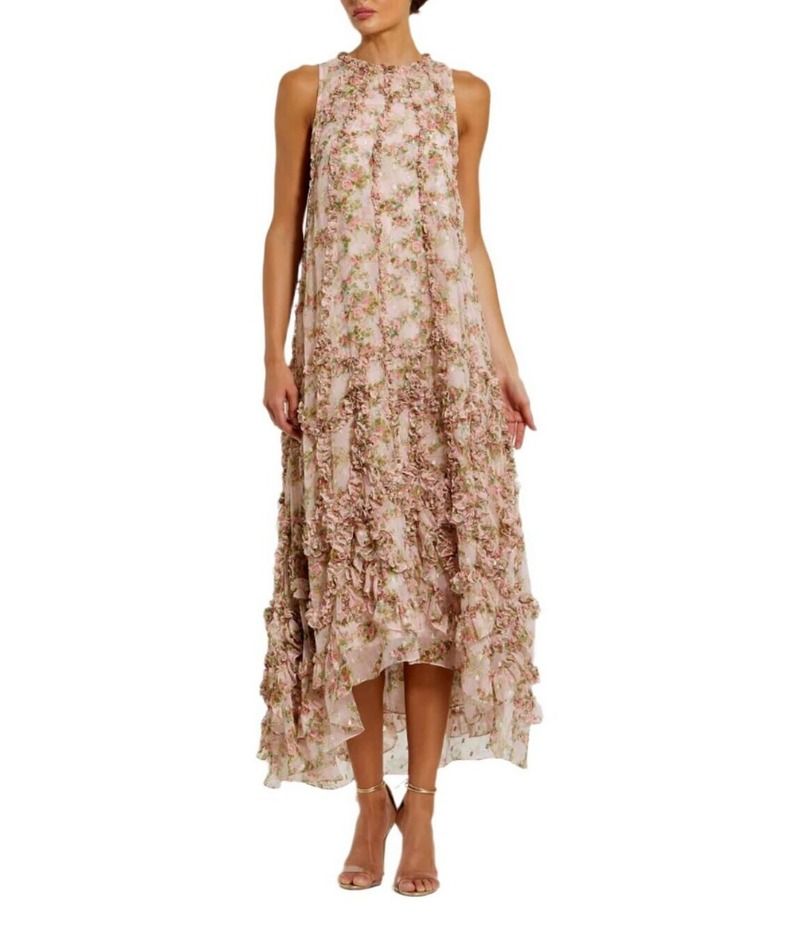 マックダガル レディース トップス ワンピース モックネック シフォン ミディワンピース プリント フリル ミディ Mac Duggal Mock Neck Micro Ruffle Printed Chiffon Shift Midi Dress Pink