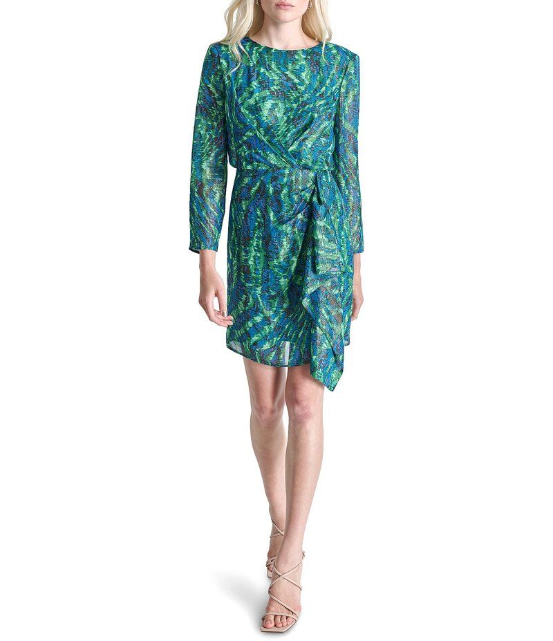ダナキャラン レディース トップス ワンピース クルーネック ドレープ DKNY by Donna Karan Woven Crew Neck Long Sleeve Side Draped Sheath Dress BlackGreen ブラック