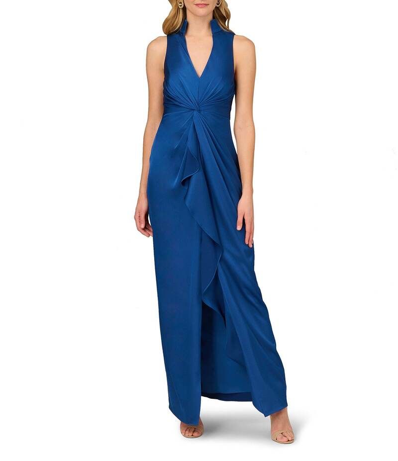 アイダンマットックス レディース トップス ワンピース Vネック フリル サテン Aidan Mattox Satin VNeck Twist Front with Cascading Ruffle Gown Deep Ocean