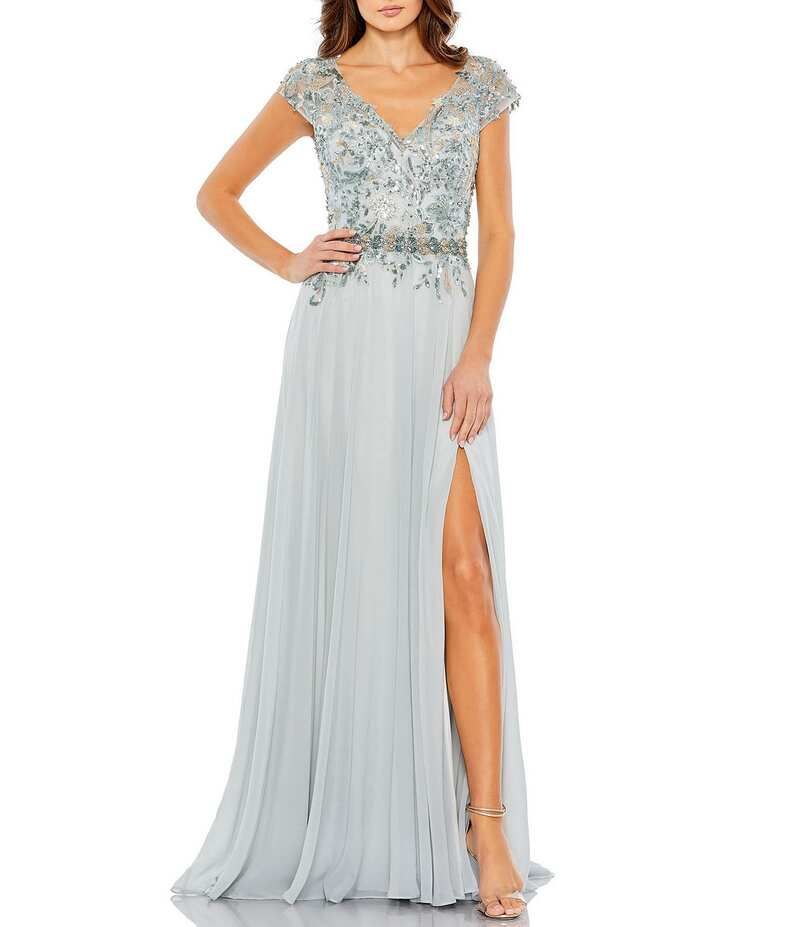 マックダガル レディース トップス ワンピース Vネック A ライン キャップ Mac Duggal Beaded VNeck Cap Sleeve ALine Gown Seamist