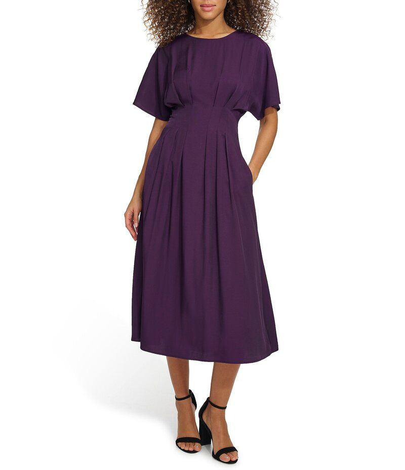ケンジー レディース トップス ワンピース A ライン ミディワンピース ミディ シャーリング Kensie Short Sleeve Smocked Waist ALine Midi Dress Eggplant