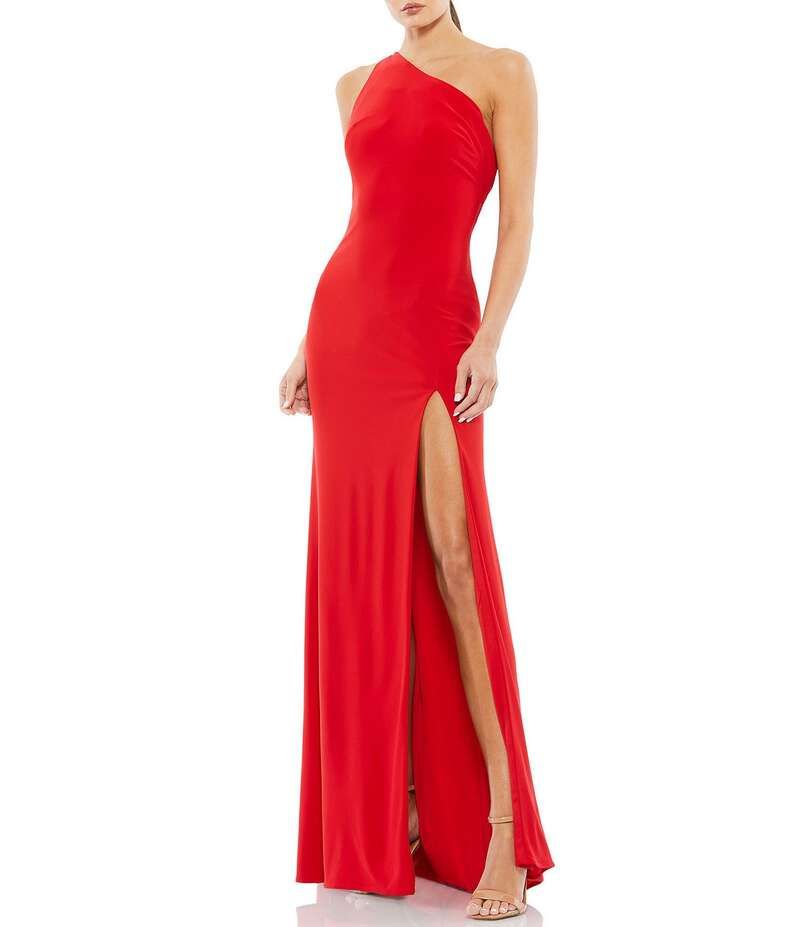 マックダガル レディース トップス ワンピース ドレープ ノースリーブ ジャージー Mac Duggal Sleeveless One Shoulder Thigh High Slit Draped Back Detail Jersey Sheath Gown