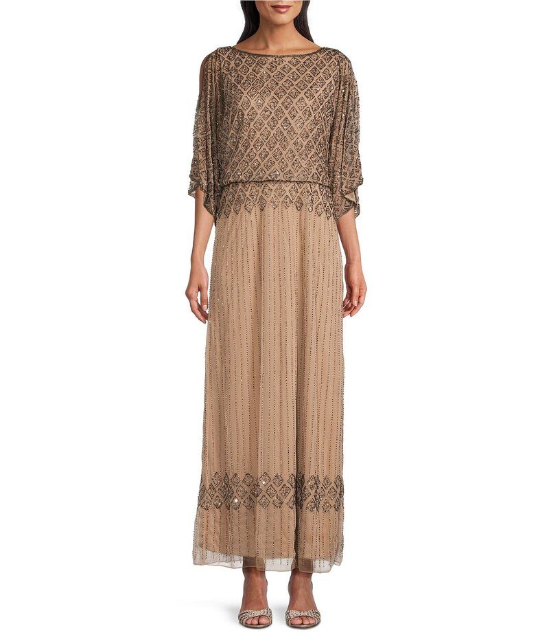ピサッロナイツ レディース トップス ワンピース Pisarro Nights Diamond Bead Pattern Boat Neck 34 Split Sleeve Blouson Gown Rose