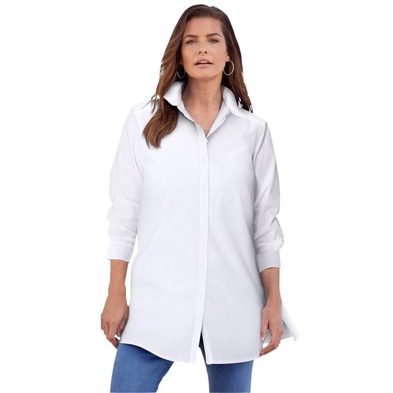 ロアマンズ レディース トップス Tシャツ プラスサイズ コットン 長袖 Roamans Womens Plusize Kate LongSleeve Crisp CottonBlend ButtonFrontunic White ホワイト