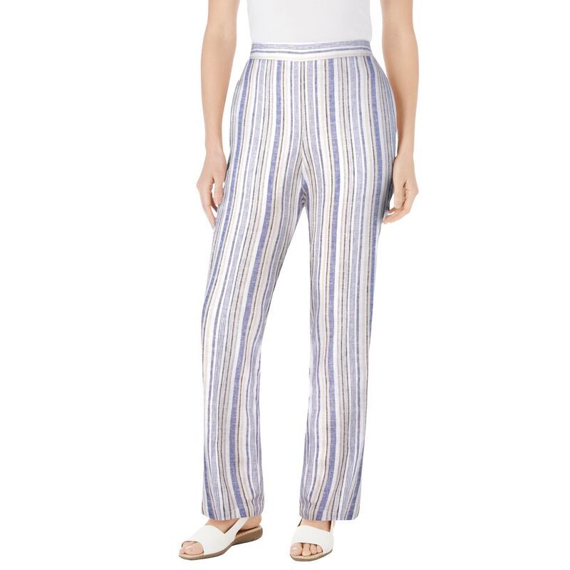 ウーマン ウィズイン レディース ボトムス カジュアルパンツ ストレート プラスサイズ リネン Woman Within Plusize Straight Leg Linen Pant Deep Cobalt Stripe コバルト