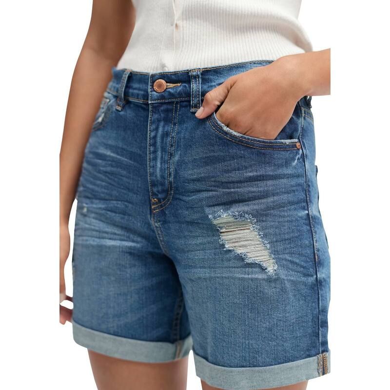 Ellos レディース ボトムス ハーフパンツ・ショーツ プラスサイズ ショートパンツ デニム ellos Plusize MidRise Stretch Denim Boyfriend Shorts Medium Blue Distressed ブルー