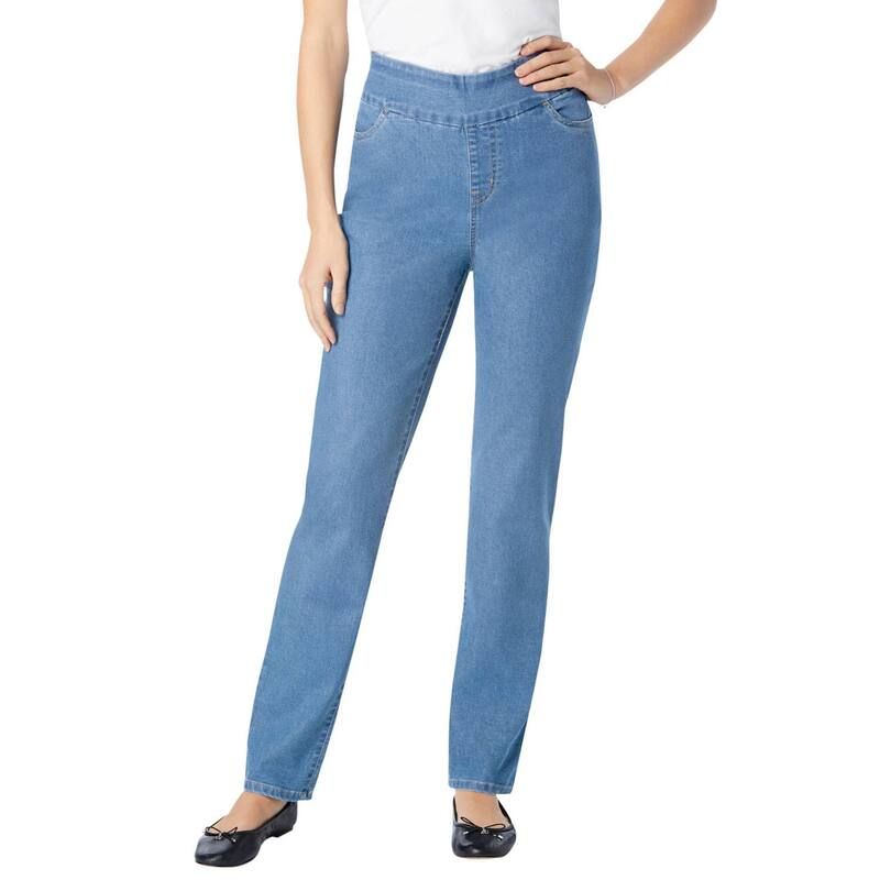 ウーマン ウィズイン レディース ボトムス デニムパンツ プラスサイズ トール Woman Within Womens Plusize Tall Flexfit Pullon Straightleg Jean Light Stonewash