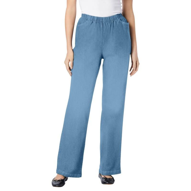 ウーマン ウィズイン レディース ボトムス デニムパンツ プラスサイズ トール ジーンズ Woman Within Plusize Tall Fineline Stretch Denim WideLeg PullOn Jeans Light Stonewash