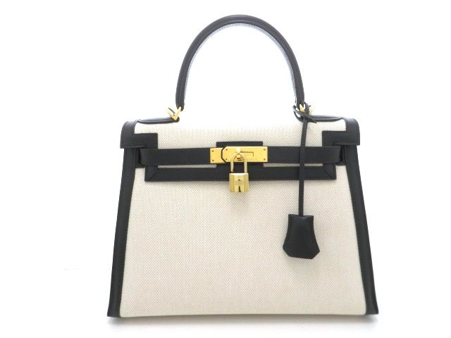 HERMES エルメス 2WAYバッグ ケリー28 外縫い ボックスカーフ/トワルアッシュ ナチュラル ブラック ゴールド金具 □F刻印　2002年製造刻印 レディース【中古】【473】